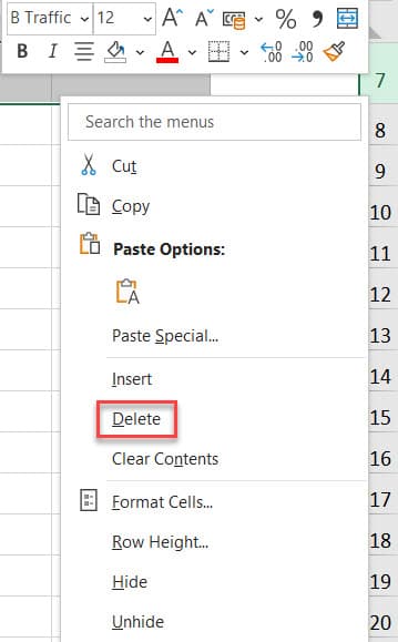 حذف ردیف در اکسل