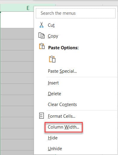 اندازه ستون در اکسل
